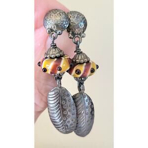 Lampwork Fused Glass Earrings Silver Pierced Yellow Red